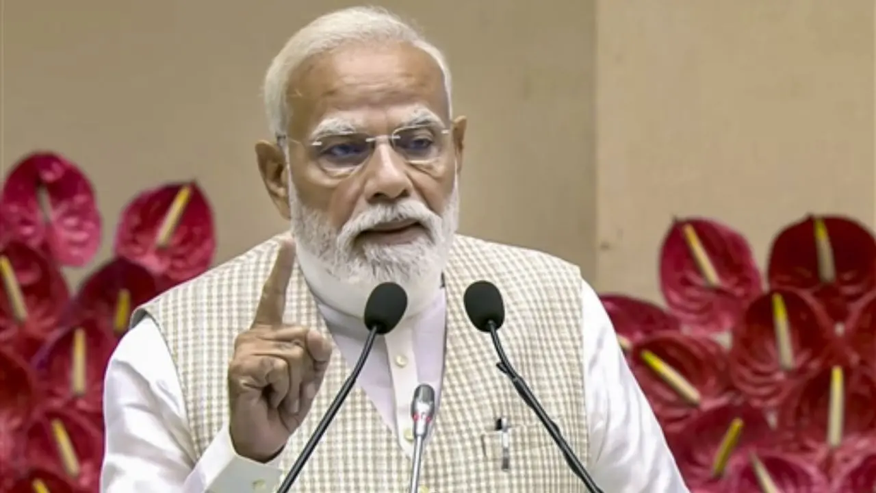PM Modi gives an address during the 'Nari Shakti Vandan Sammelan', at Vigyan Bhawan in Delhi. PIC/PTI